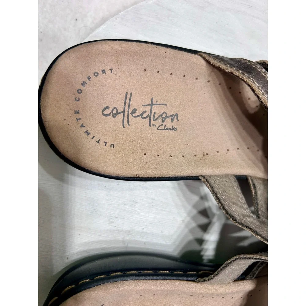 Clarks Collection Metallic Pewter Slide Sandal Women 9M Ultimate Comfort Scallop
